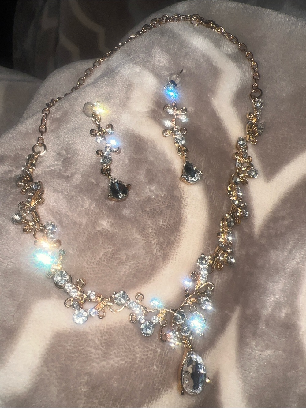 Gold Crystal Teardrop Necklace & Earrings Set -  with floral scrolling